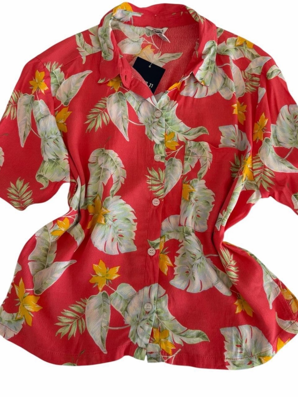 NWT Forever 21 Red Tropical Floral Hawaiian Button-Down Shirt - Picture 4 of 8